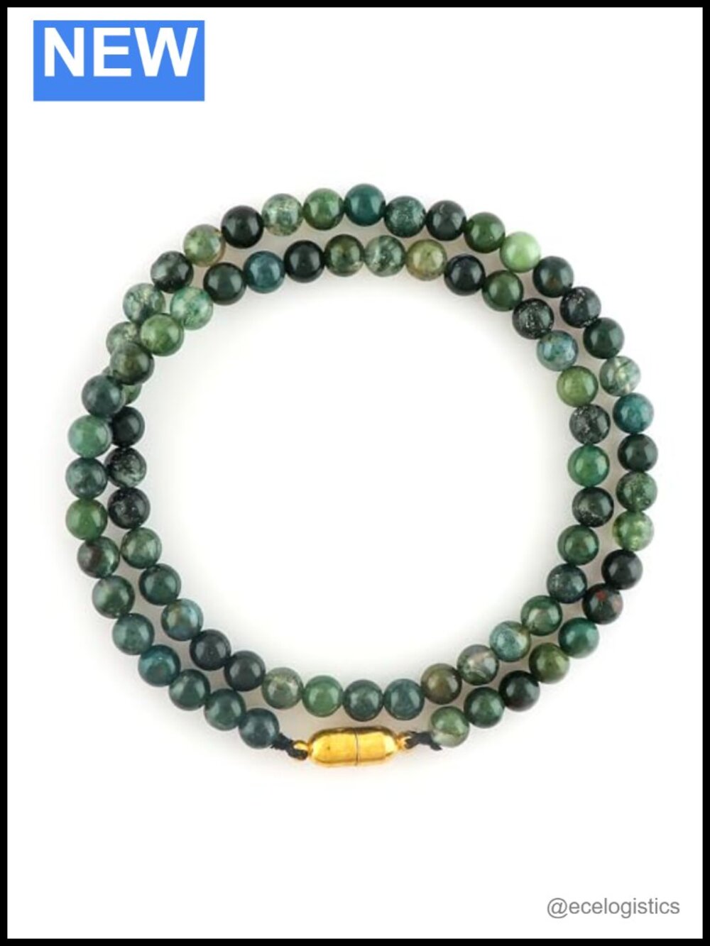 Moss Agate Beaded Necklace 6mm Round Healing Crystal 18 Inch Gold Plated